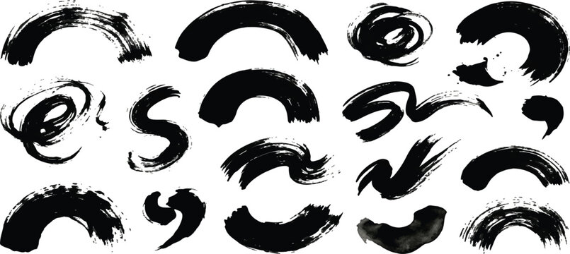 Artistic black paint brush strokes and swirl elements with artistic abstract isolated collection creative calligraphy painting brushwork