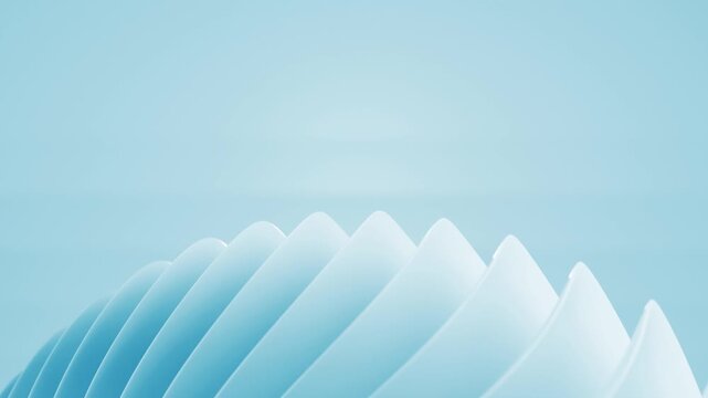 Abstract light blue 3D render loop featuring smooth curved overlapping geometric shell fins for modern futuristic soft background
