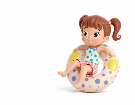 Funny cartoon little girl with an inflatable ring isolated on white background