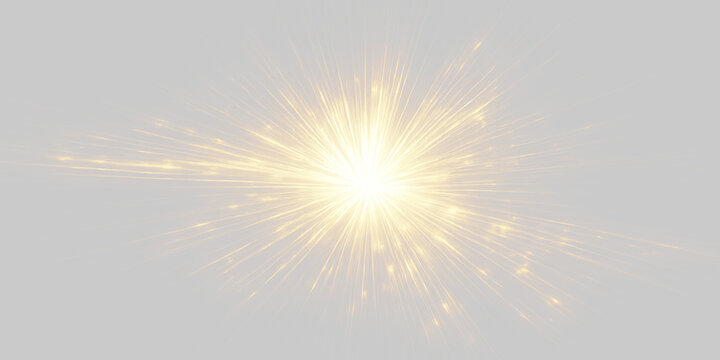 Golden Light Burst Explosion on Black Background, Glowing Star Flash with Radiating Rays
