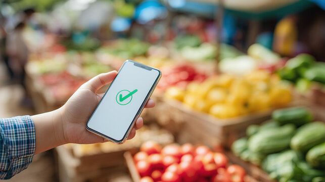Person holding a smartphone with a digital payment confirmation at a farmers market. Mobile payment, cashless shopping, fintech, contactless transactions and fresh produce concept.