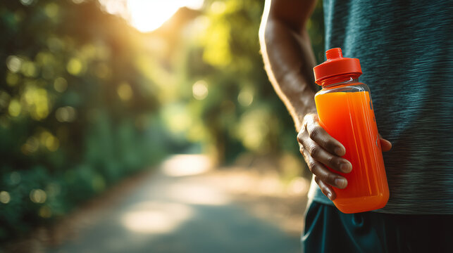 Athlete holding a sports drink bottle outdoors after exercise. Hydration, electrolyte replacement and fitness recovery concept with copy space for healthy lifestyle and sports nutrition.