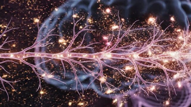Microscopic brain pathway flooded with glowing pink and gold energy pulses for dopamine reward