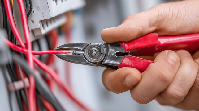 Close up of electrician using diagonal cutting pliers on electrical wire inside distribution panel. Professional electrical installation, repair and wiring maintenance concept.