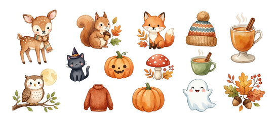 Obraz premium Cute autumn and Halloween icons with cozy seasonal decorations. Collection of Vector illustrations for invitation, card, poster, banner, decoration