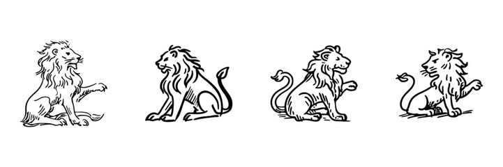 Naklejka premium Lion In Hand Drawn Style Set. Animal Symbol Doodle Sketch Collection. Wildlife And Nature Representation. Isolated Vector Illustration