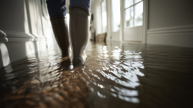 Person wearing rubber boots walking through a flooded house after water damage. Flood cleanup, property restoration, insurance claim, disaster recovery and emergency response concept.
