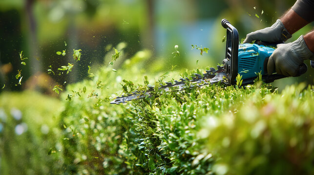 Close-up of gardener trimming a green hedge with an electric hedge trimmer, showing professional landscaping, garden maintenance and seasonal outdoor care.