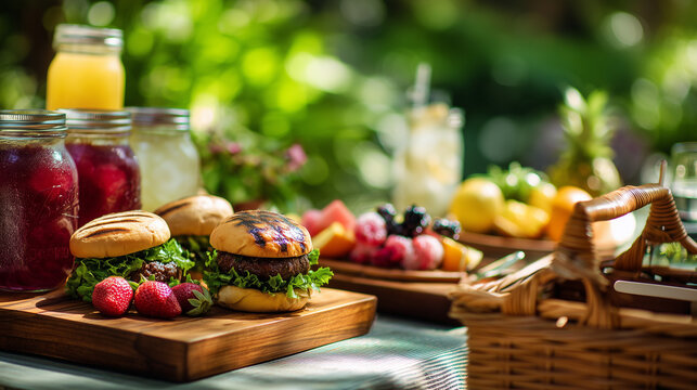 Summer picnic with grilled burgers, fresh fruit and homemade drinks on a sunny day, celebrating outdoor dining, family gatherings and seasonal food.