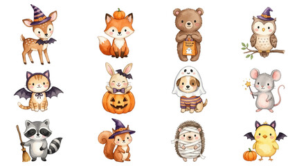 Obraz premium Adorable Halloween forest animals in fun costumes.. Collection of Vector illustrations for invitation, card, poster, banner, decoration 