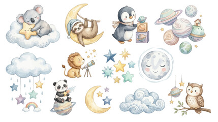 Cute baby animals, planets and dreamy nursery sets. Collection of Vector illustrations for invitation, card, poster, banner, decoration © maria