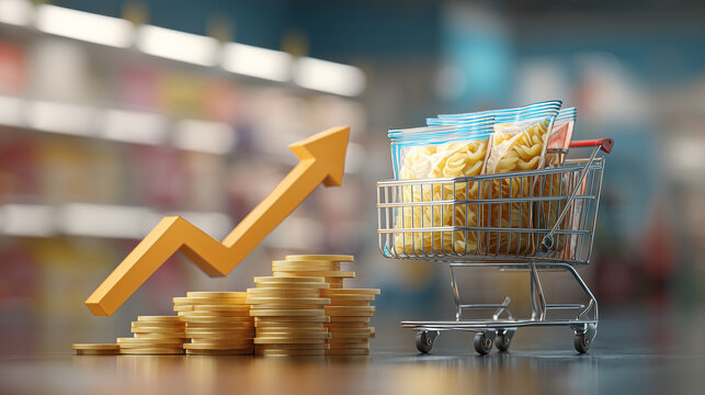 Mini shopping cart filled with packaged pasta beside coins and upward arrow, illustrating food inflation, grocery costs, retail pricing and household budgeting.