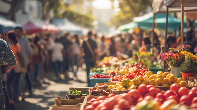 Bustling outdoor farmers market with fresh fruits, vegetables and flowers, highlighting local produce, community shopping and sustainable agriculture.