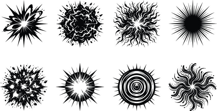 Set of Stylized Explosion Burst Energy Effects with Abstract Radiating Graphic Patterns