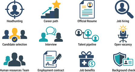 Fototapeta premium Flat human resources and recruitment vector icons set featuring headhunting career path official resume job hiring interview talent pipeline and candidate selection