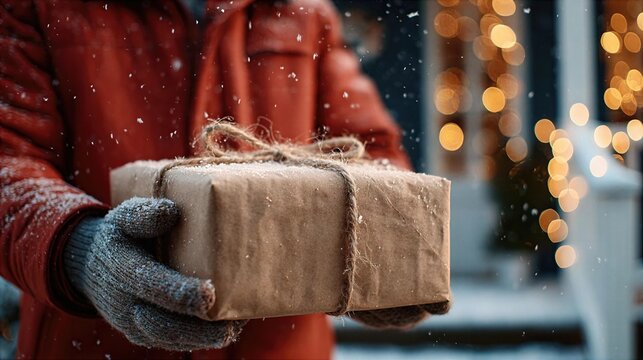 Gift delivery during snow in a decorated outdoor setting