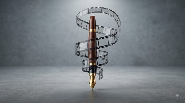 Conceptual Film Making Art Featuring Fountain Pen Nib Writing on a Film Reel Background