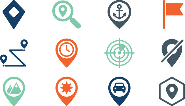 Flat navigation map and location pin vector icons set featuring search pointer anchor flag route clock radar car mountain and hexagon markers