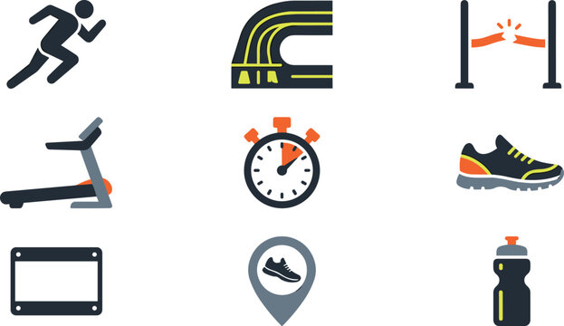  Vector running and track athletics icon set featuring a sprinter finish ribbon treadmill stopwatch sports sneaker and fitness water bottle symbols