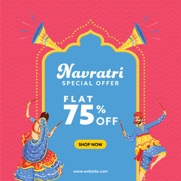   Happy Navratri Special Sale Poster with Flat 75 Percentage Discount Offer, Couple Dancing Dandiya Dance Illustration.