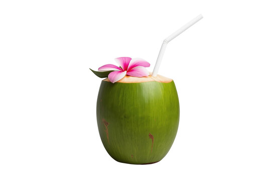 Tropical coconut drink decorated with pink flower isolated on transparent background