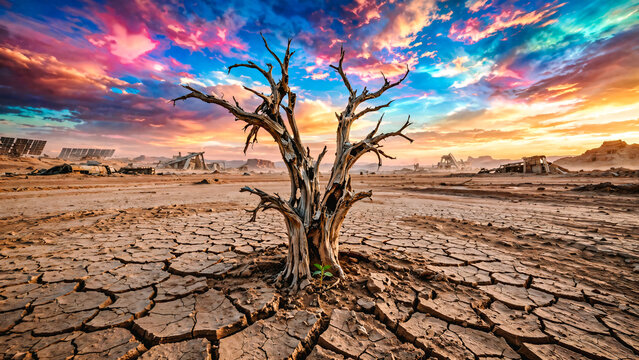 Arbre mort, terre craquel&eacute;e, ruines au loin avec ciel color&eacute;