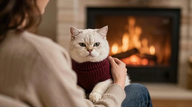 Cat rests on a person's lap near a warm fire on a cozy evening