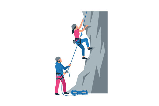 Rock Climbers Ascending Steep Cliff with Safety Belay Gear