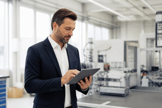 A well-dressed man is looking at a tablet in a modern, industrial or office setting.