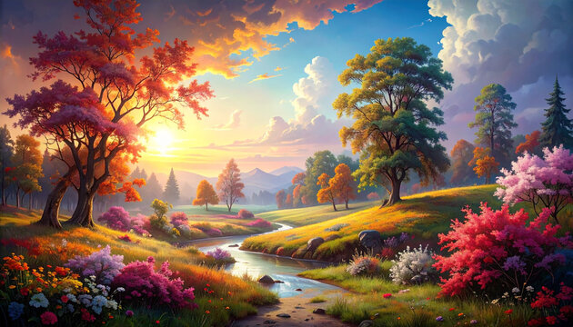 Colorful Spring Landscape with Blooming Flowers