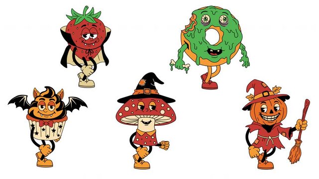 Vintage Halloween Food and Animal Mascot Collection. Walking Loop Animation. Alpha channel transparency