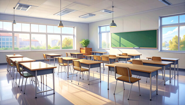 Bright Empty Classroom Interior with Sunlight