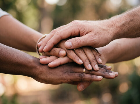 Diverse Stack of Hands Together Symbolizing Teamwork and Unity