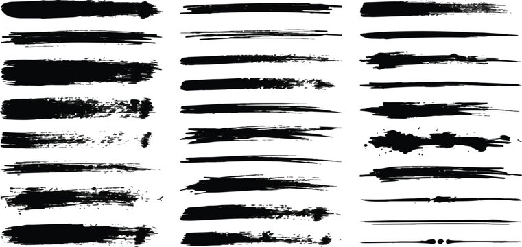 Black ink brush strokes and messy horizontal lines collection with horizontal watercolor artistic isolated collection distressed calligraphy