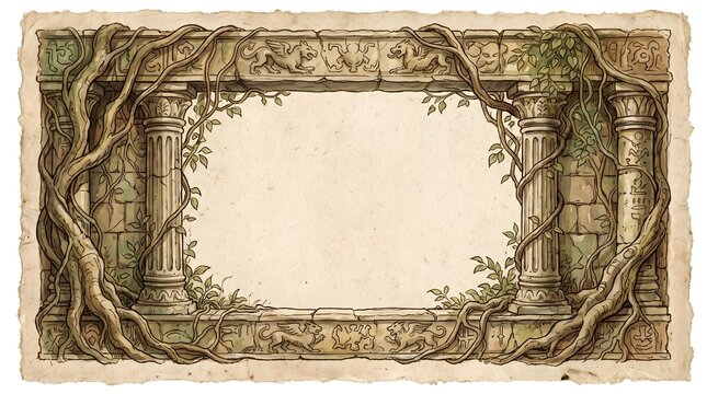 Ancient Stone Architecture Frame and Overgrown Nature Decorative Border