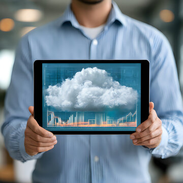 Man demonstrating cloud computing analytics dashboard on tablet screen