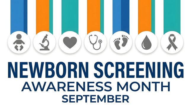 Newborn screening awareness month graphic featuring medical icons and colorful ribbons to promote infant health testing during the month september
