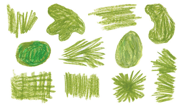 Abstract hand drawing bright olive green crayon oil pastel textured squiggle blobs set. Creative watercolor pencils scribble round shapes for banner design, texture frame background