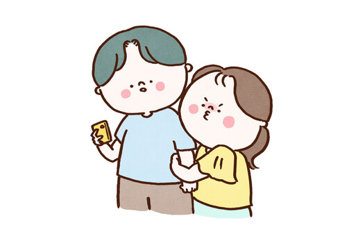 Girlfriend clinging to her boyfriend's arm and pouting because he is only looking at his smartphone, relationship trouble or attention seeker concept
