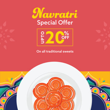   Happy Navratri Special Offer Sale Poster with UP TO 20 Percentage Discount Offer on Indian Sweets ( Jalebi) for Spiritual Festival Celebration.