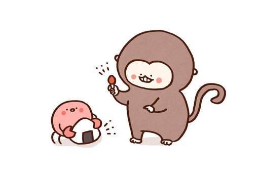 Monkey negotiating to exchange its persimmon seed for a crab's rice ball, sarukani gassen Japanese folktale concept