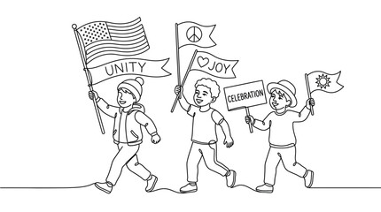 Children marching with flags and signs