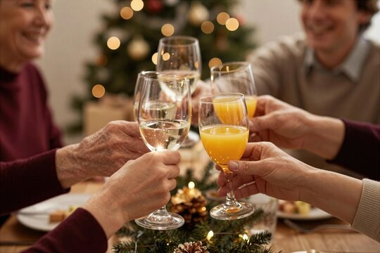 Friends celebrate with drinks during a gathering in front of a decorated Christmas tree