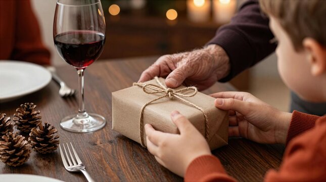 Gift exchange at dinner table during festive season