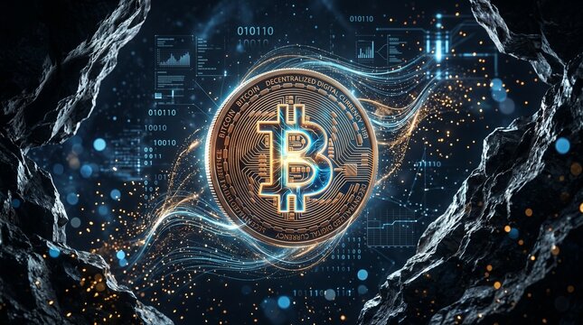 Glowing golden bitcoin cryptocurrency symbol floating above rock with digital data streams and network connections.
