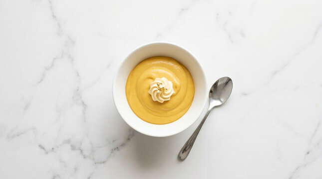 Top view of lucuma dessert in a white bowl on marble background. Creamy yellow mousse with whipped cream and gold leaf. Flat lay composition