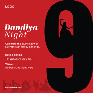 Dandiya Night Poster with Silhouette Indian Woman Dancing with Dandiya Stick on Red Background for Spiritual Nine Nights Festival Celebration Illustration.