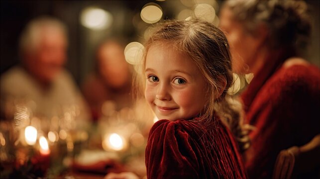 Family gathering with a girl smiling at a table during the holiday season