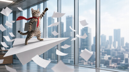 Fototapeta premium Motivated Cat Standing on Paper Airplane in Modern Office.