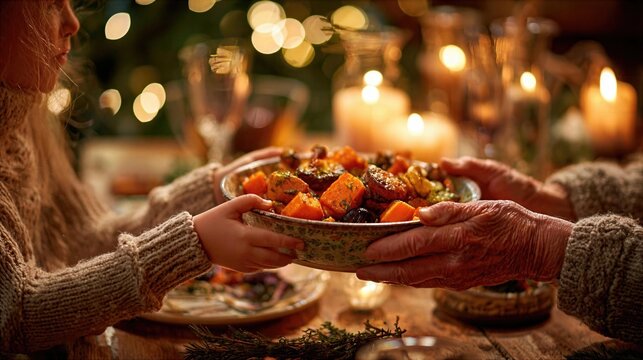 Family shares food at a dinner table during a festive gathering in a warm setting